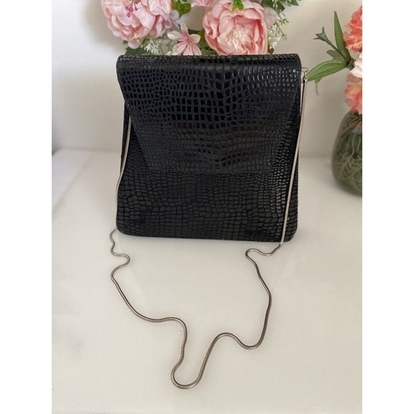 Vintage Costa Blanca Reptile Print Leather Clutch‎ Bag Black Crossbody Metal EUC - Picture 3 of 12